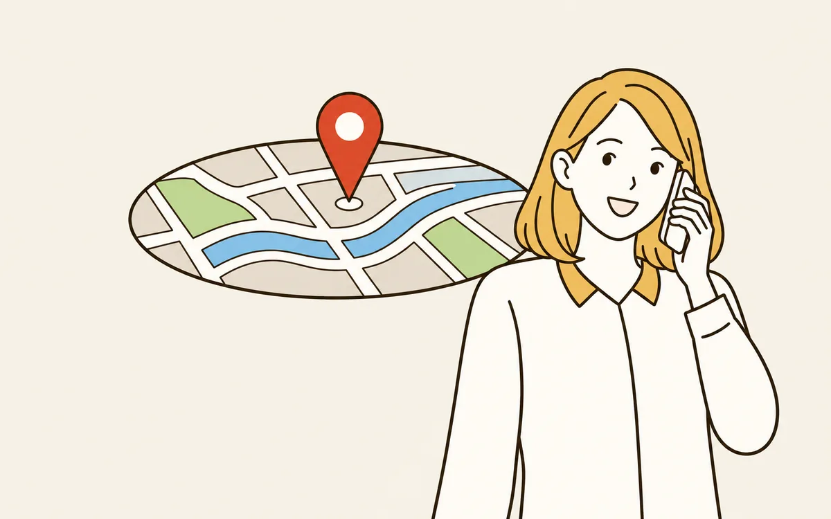 地図に立つ赤いピンと、スマートフォンで電話をかける女性のイラスト
