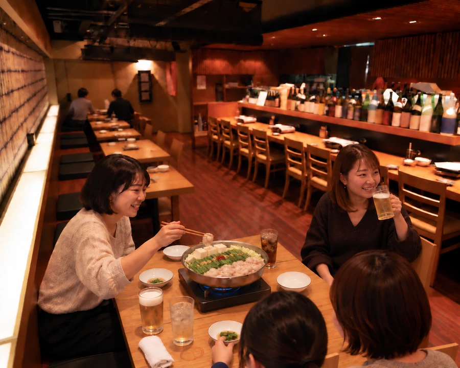 テーブル席でもつ鍋を囲む女子会